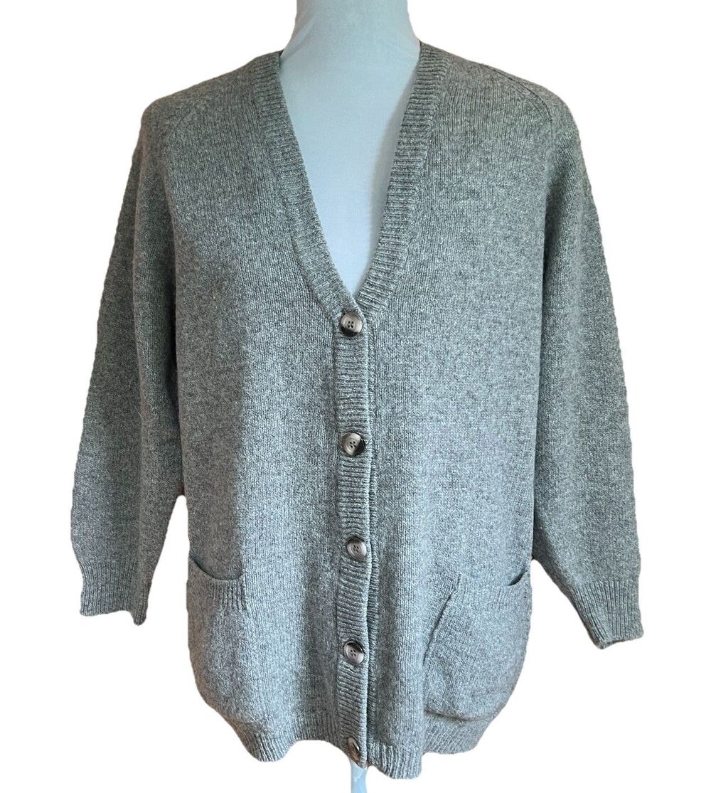 Lauren Alexandra Women’s Gray Lambswool Knit V-Neck Button Cardigan L